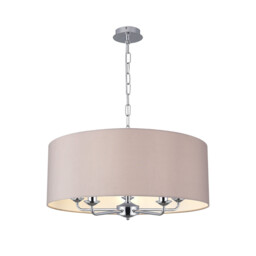 Banyan 5 Light Multi Arm Pendant, E14 Polished Chrome With 60cm x 22cm Faux Silk Shade, Grey/White Laminate