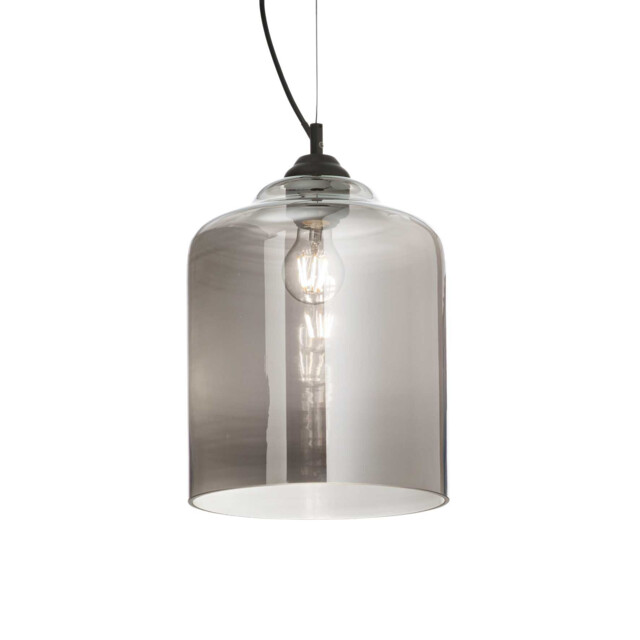 Bistro 1 Light Dome Ceiling Pendant Black, Smokey Grey, Glass Square, E27