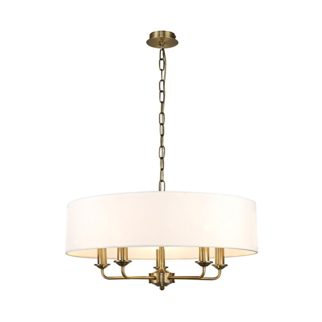 Banyan 5 Light Multi Arm Pendant, E14 Antique Brass With 60cm x 22cm Faux Silk Shade, White - image 1