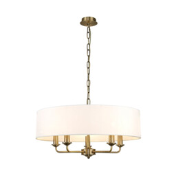 Banyan 5 Light Multi Arm Pendant, E14 Antique Brass With 60cm x 22cm Faux Silk Shade, White