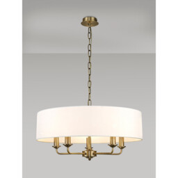 Banyan 5 Light Multi Arm Pendant, E14 Antique Brass With 60cm x 22cm Faux Silk Shade, White - thumbnail 2