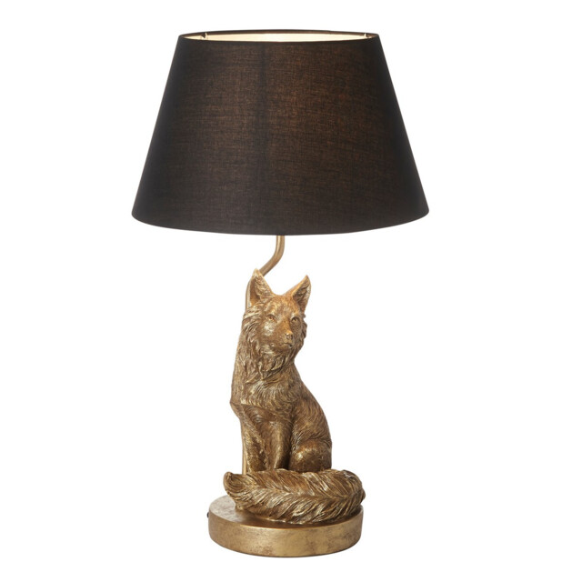 Fox Base & Shade Table Lamp Vintage Gold Paint & Black Fabric - image 1
