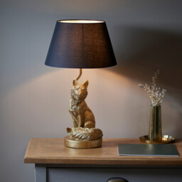Fox Base & Shade Table Lamp Vintage Gold Paint & Black Fabric - thumbnail 3