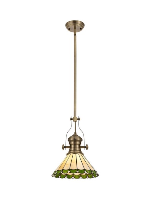 Schroon 1 Light Telescopic Ceiling Pendant E27 With 30cm Tiffany Shade, Antique Brass, Green, Crystal