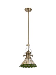 Schroon 1 Light Telescopic Ceiling Pendant E27 With 30cm Tiffany Shade, Antique Brass, Green, Crystal - thumbnail 3