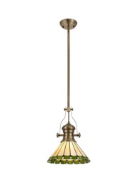 Schroon 1 Light Telescopic Ceiling Pendant E27 With 30cm Tiffany Shade, Antique Brass, Green, Crystal - thumbnail 1