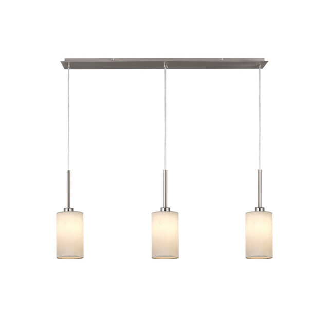 Baymont Satin Nickel 3 Light E27 Linear Pendant, With 12cm Faux Silk Shade, White - image 1