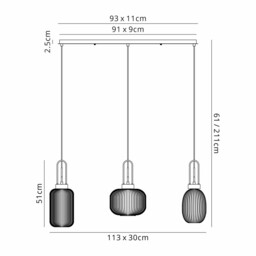 Yorktown Linear Ceiling Pendant 3 Light E27 With Various Glasses, Aged Pewter, Petrol Blue, Matt Black - thumbnail 2