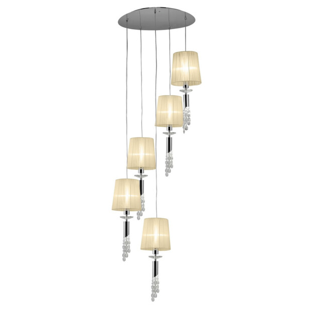 Tiffany Pendant 5+5 Light E27+G9 Spiral, Polished Chrome With Cream Shades & Clear Crystal - image 1