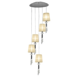 Tiffany Pendant 5+5 Light E27+G9 Spiral, Polished Chrome With Cream Shades & Clear Crystal