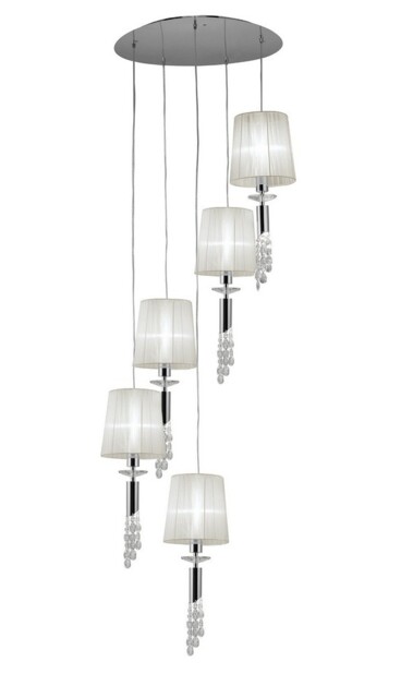 Tiffany Ceiling Cluster Pendant 5+5 Light E27+G9 Spiral, Polished Chrome with White Shades & Clear Crystal - image 1