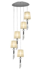 Tiffany Ceiling Cluster Pendant 5+5 Light E27+G9 Spiral, Polished Chrome with White Shades & Clear Crystal - thumbnail 3