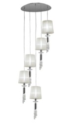 Tiffany Ceiling Cluster Pendant 5+5 Light E27+G9 Spiral, Polished Chrome with White Shades & Clear Crystal - thumbnail 1