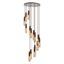 Ghent Slim Round Ceiling Pendant, 15 Light Adjustable E27, Mocha, Amber Glass, Item Weight: 25.3kg