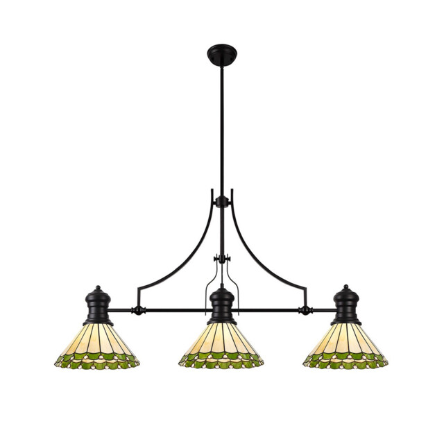 Schroon, 3 Light Linear Ceiling Pendant E27 With 30cm Tiffany Shade, Matt Black, Green, Cream, Crystal - image 1