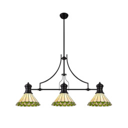 Schroon, 3 Light Linear Ceiling Pendant E27 With 30cm Tiffany Shade, Matt Black, Green, Cream, Crystal - thumbnail 1