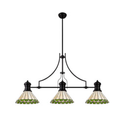 Schroon, 3 Light Linear Ceiling Pendant E27 With 30cm Tiffany Shade, Matt Black, Green, Cream, Crystal - thumbnail 5