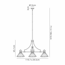 Schroon, 3 Light Linear Ceiling Pendant E27 With 30cm Tiffany Shade, Matt Black, Green, Cream, Crystal - thumbnail 2