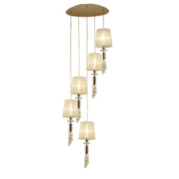 Tiffany Pendant 5+5 Light E27+G9 Spiral, French Gold With Cream Shades & Clear Crystal
