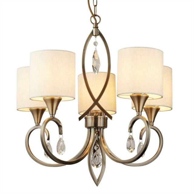 Alberto 5 Light Multi Arm Ceiling Pendant Antique Brass, Cream with Crystals, E14 - image 1