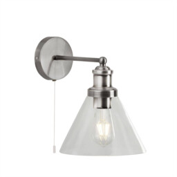 Pyramid 1 Light Wall Satin Silver, Glass Shade, E27 - thumbnail 1