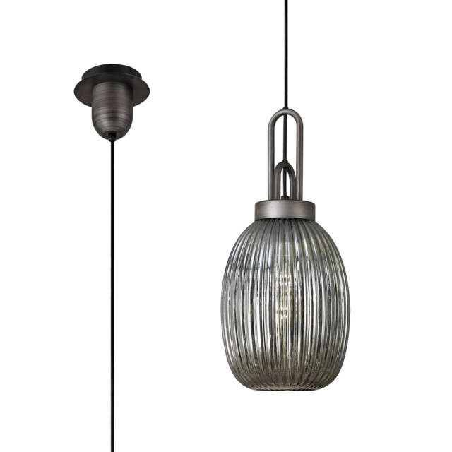 Yorktown Ceiling Pendant E27 20cm Almond Ribbed Glass, Smoked Black, Aged Pewter - image 1