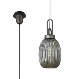 Yorktown Ceiling Pendant E27 20cm Almond Ribbed Glass, Smoked Black, Aged Pewter - thumbnail 1