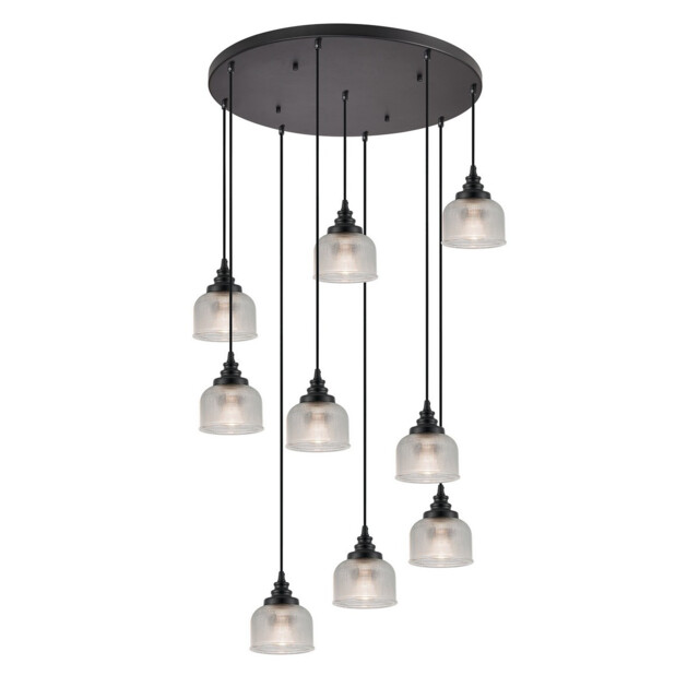DeRuyter 9 Light Round Pendant, E27, Satin Black/Prismatic Dome Glass, Clear - image 1
