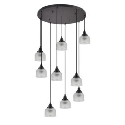 DeRuyter 9 Light Round Pendant, E27, Satin Black/Prismatic Dome Glass, Clear - thumbnail 5