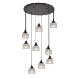 DeRuyter 9 Light Round Pendant, E27, Satin Black/Prismatic Dome Glass, Clear - thumbnail 1