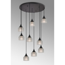 DeRuyter 9 Light Round Pendant, E27, Satin Black/Prismatic Dome Glass, Clear - thumbnail 3