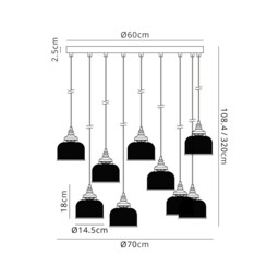 DeRuyter 9 Light Round Pendant, E27, Satin Black/Prismatic Dome Glass, Clear - thumbnail 2