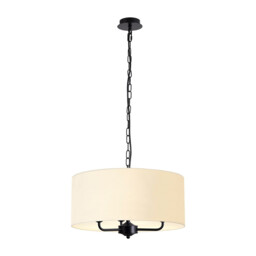 Banyan 3 Light Multi Arm Pendant With 50cm x 20cm Faux Silk Fabric Shade Matt Black/Ivory Pearl