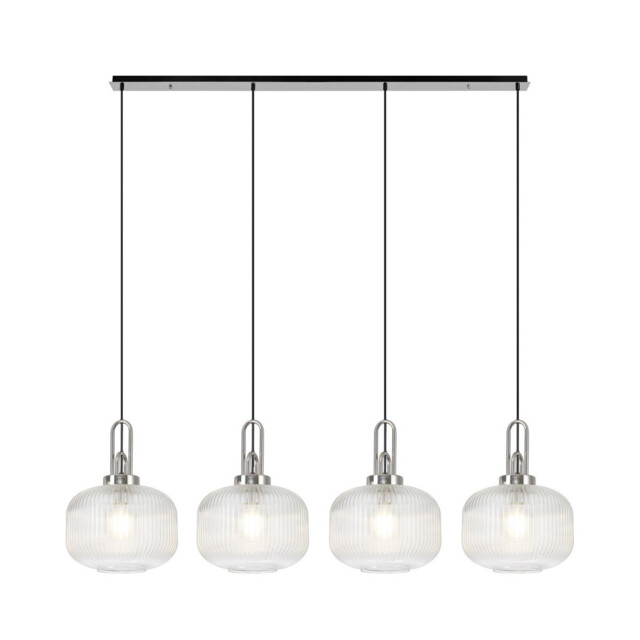 Yorktown Linear Pendant, 4 x E27, Polished Nickel/Matt Black With 30cm Pumpkin Shaped Ribbed Clear Glass