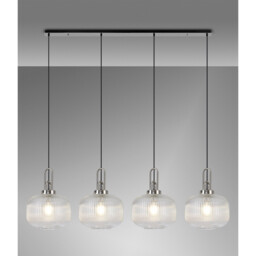 Yorktown Linear Pendant, 4 x E27, Polished Nickel/Matt Black With 30cm Pumpkin Shaped Ribbed Clear Glass - thumbnail 3