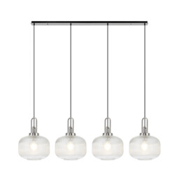 Yorktown Linear Pendant, 4 x E27, Polished Nickel/Matt Black With 30cm Pumpkin Shaped Ribbed Clear Glass
