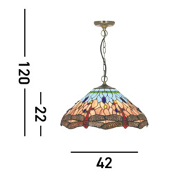Ceiling Pendant Antique Brass, Blue, Dragonfly Tiffany Glass, E14 - thumbnail 3