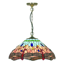Ceiling Pendant Antique Brass, Blue, Dragonfly Tiffany Glass, E14