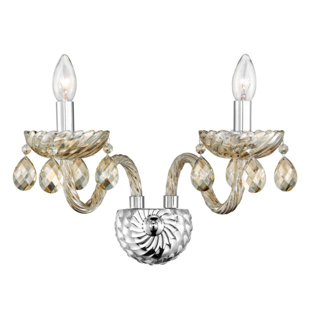 Zeno 2 Light Candle Wall Lamp Chrome Aluminium Cognac Glass, K9 Crystals Adjustable LED E14 - image 1