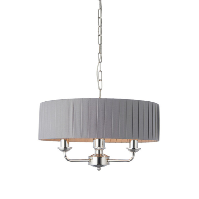 Highclere 3 Lamp Single Shade Pendant Light Bright Nickel Plate, Charcoal Fabric - image 1