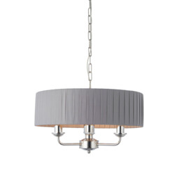 Highclere 3 Lamp Single Shade Pendant Light Bright Nickel Plate, Charcoal Fabric