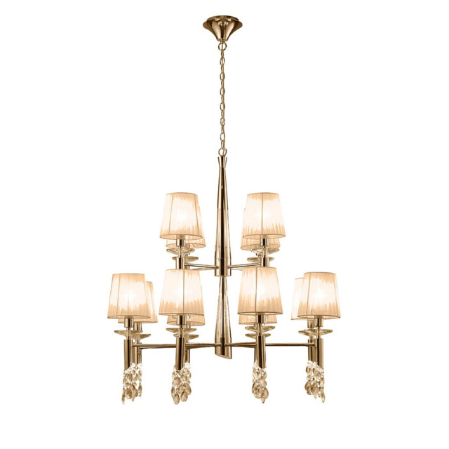 Tiffany Pendant 2 Tier 12+12 Light E14+G9, French Gold With Soft Bronze Shades & Clear Crystal - image 1
