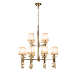 Tiffany Pendant 2 Tier 12+12 Light E14+G9, French Gold With Soft Bronze Shades & Clear Crystal