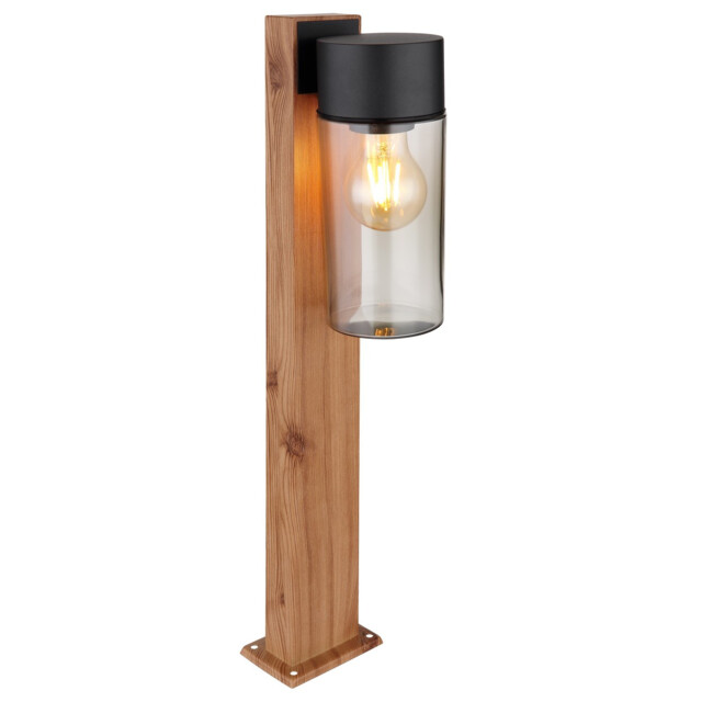 Etsi Outdoor Pedestal Light Wood Look Dark IP44 Smoke Glass Shade 1x E27 - image 1