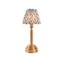 Upton Rechargeable Brushed Aged Brass Plate Table Lamp with Pearl Grey Fabric Leaf Shade 16cm Integrated LED