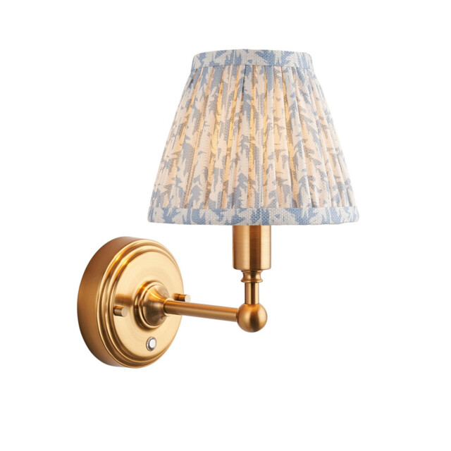Burley Rechargeable Brushed Aged Brass Plate Wall Light with Shell Bay Blue Fabric Leaf Shade 16cm Integrated LED