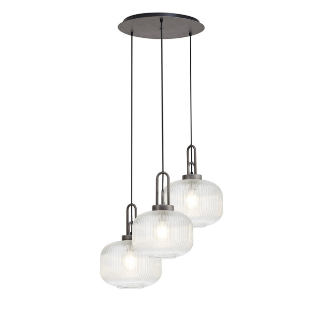Yorktown 65cm 2m Round Pendant, 3 x E27, Pewter/Matt Black With 30cm Pumpkin Shaped Ribbed Clear Glass - image 1