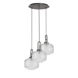 Yorktown 65cm 2m Round Pendant, 3 x E27, Pewter/Matt Black With 30cm Pumpkin Shaped Ribbed Clear Glass - thumbnail 5