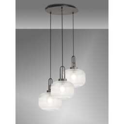Yorktown 65cm 2m Round Pendant, 3 x E27, Pewter/Matt Black With 30cm Pumpkin Shaped Ribbed Clear Glass - thumbnail 3
