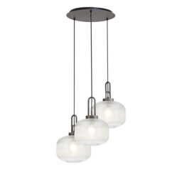 Yorktown 65cm 2m Round Pendant, 3 x E27, Pewter/Matt Black With 30cm Pumpkin Shaped Ribbed Clear Glass - thumbnail 1